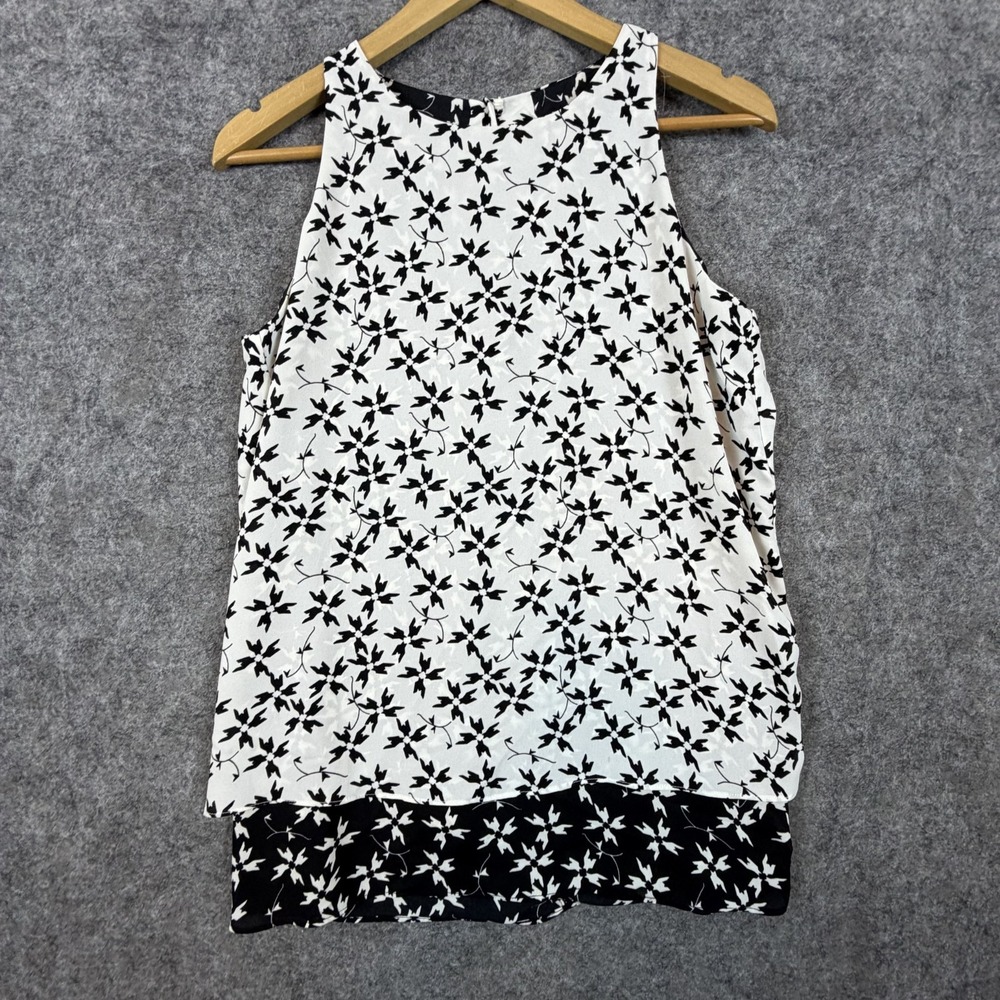Premise Studio Tunic Top Women Small Black White Floral Summer Office Flowy